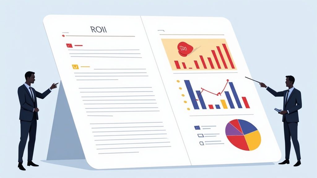 A person presenting a visually engaging ROI report with charts and graphs to a group of stakeholders in a modern office.
