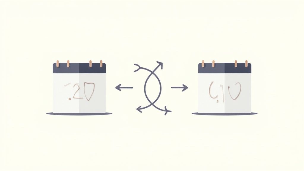 Ein Diagramm, das bidirektionale Pfeile zeigt, die die iCal- und Google Calendar-Logos verbinden und einen nahtlosen Sync symbolisieren.