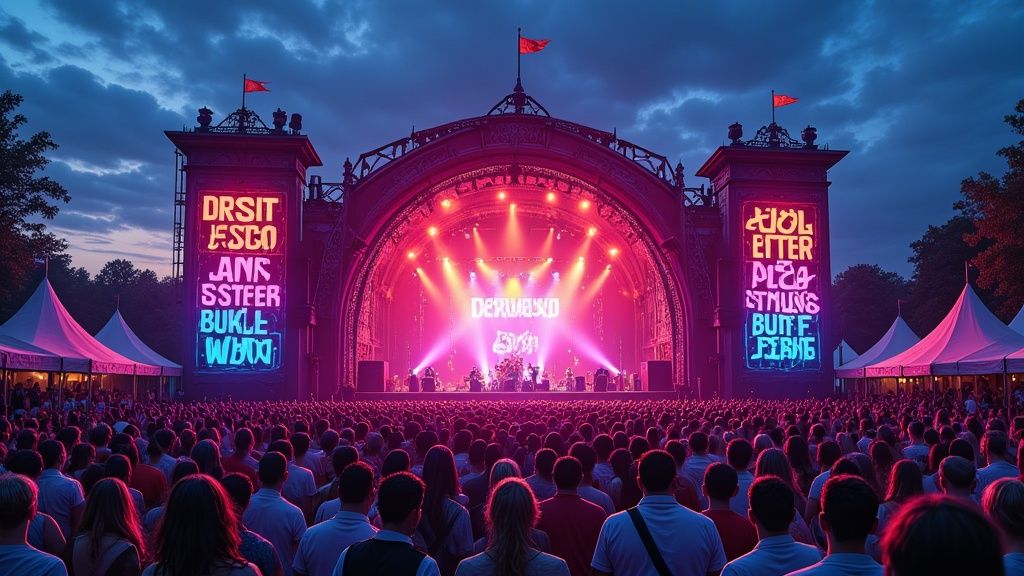 A vibrant scene from a music festival, with a large crowd cheering and colorful lights illuminating the stage and sky.