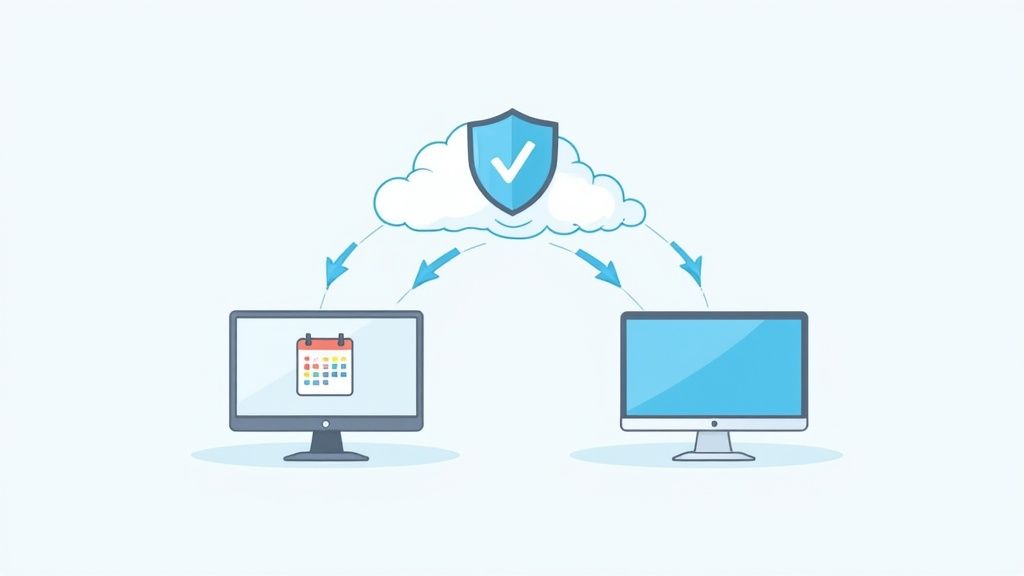 Two calendars syncing with arrows pointing back and forth between them