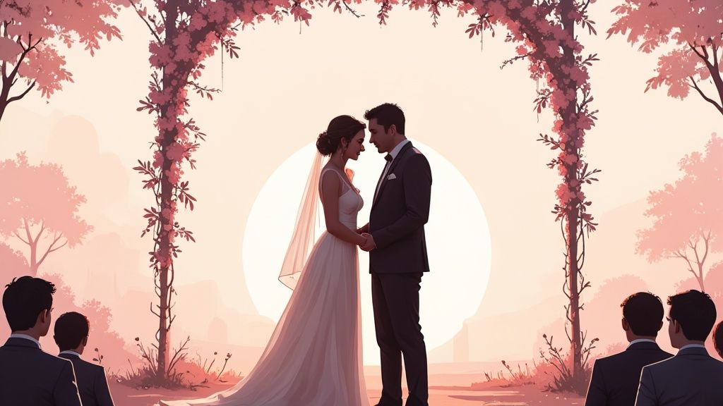 A romantic wedding invitation suite with calligraphy, wax seals, and flowers, set against a soft, elegant background.