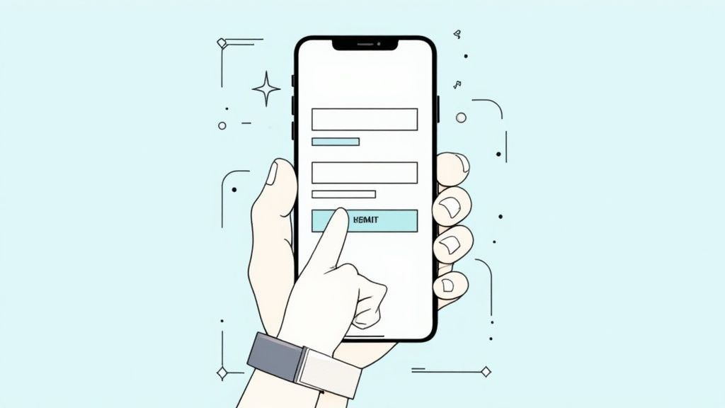Eine Person, die ein Formular auf einem Smartphone ausfüllt und die Wichtigkeit von Mobile-First-Design für Zugänglichkeit und Benutzerfreundlichkeit hervorhebt.