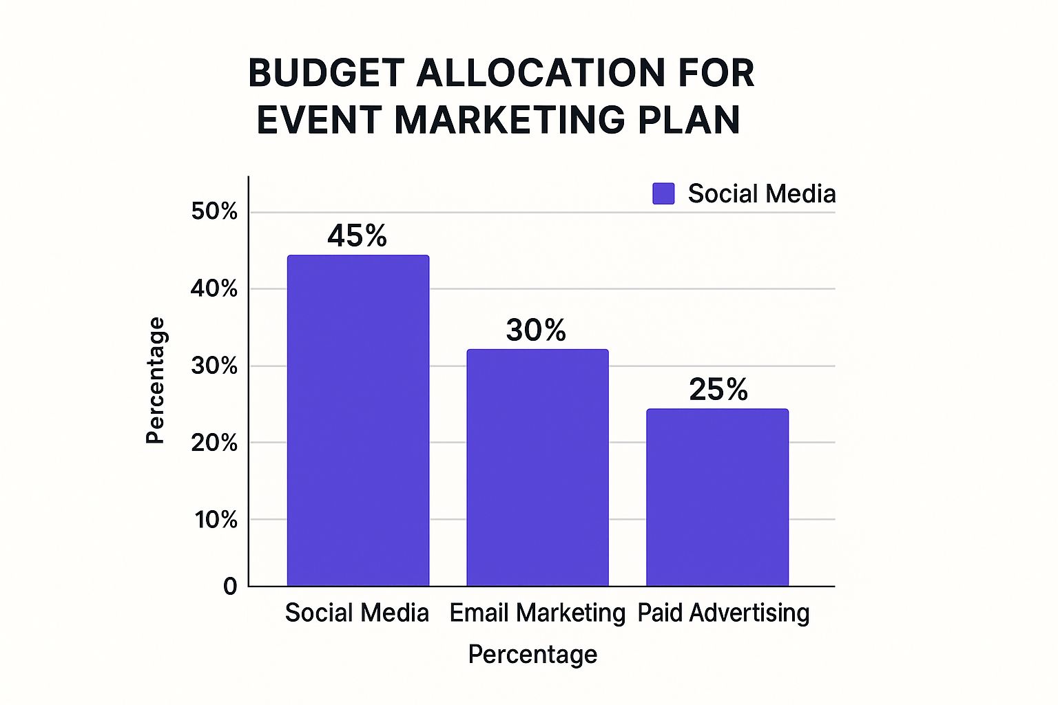 Infografik, die Budget-Zuteilung für einen Event Marketing Plan zeigt: Social Media 45%, E-Mail-Marketing 30% und Paid Advertising 25%.