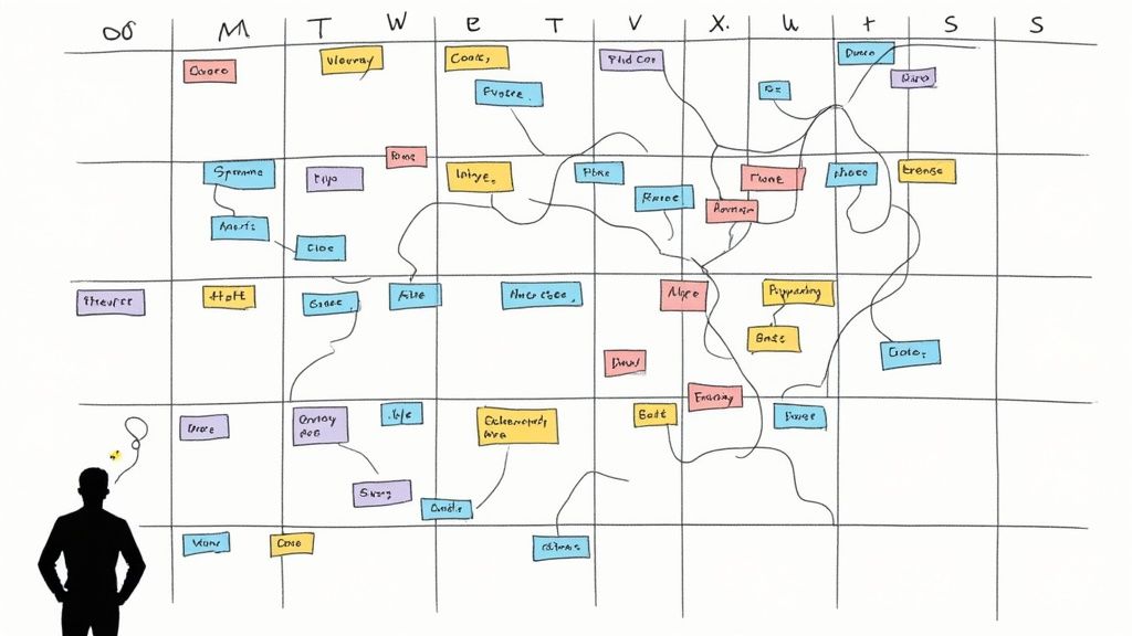 A person looking stressed in front of a computer screen showing a cluttered and duplicated calendar.