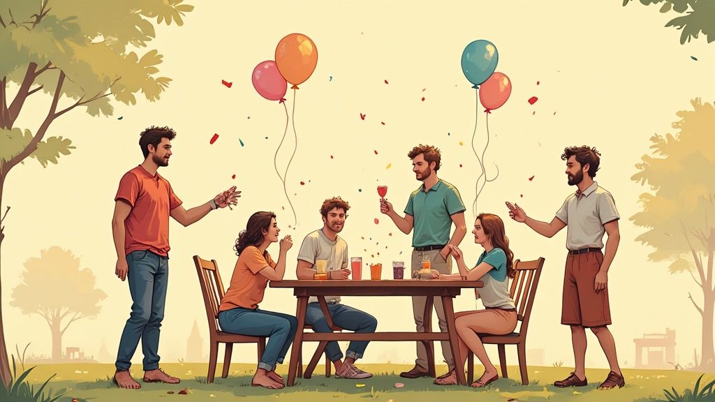 Eine lockere, freundliche Einladung für ein Nachbarschafts-BBQ, die ein warmes und einladendes Design mit Illustrationen von Essen und Menschen zeigt.