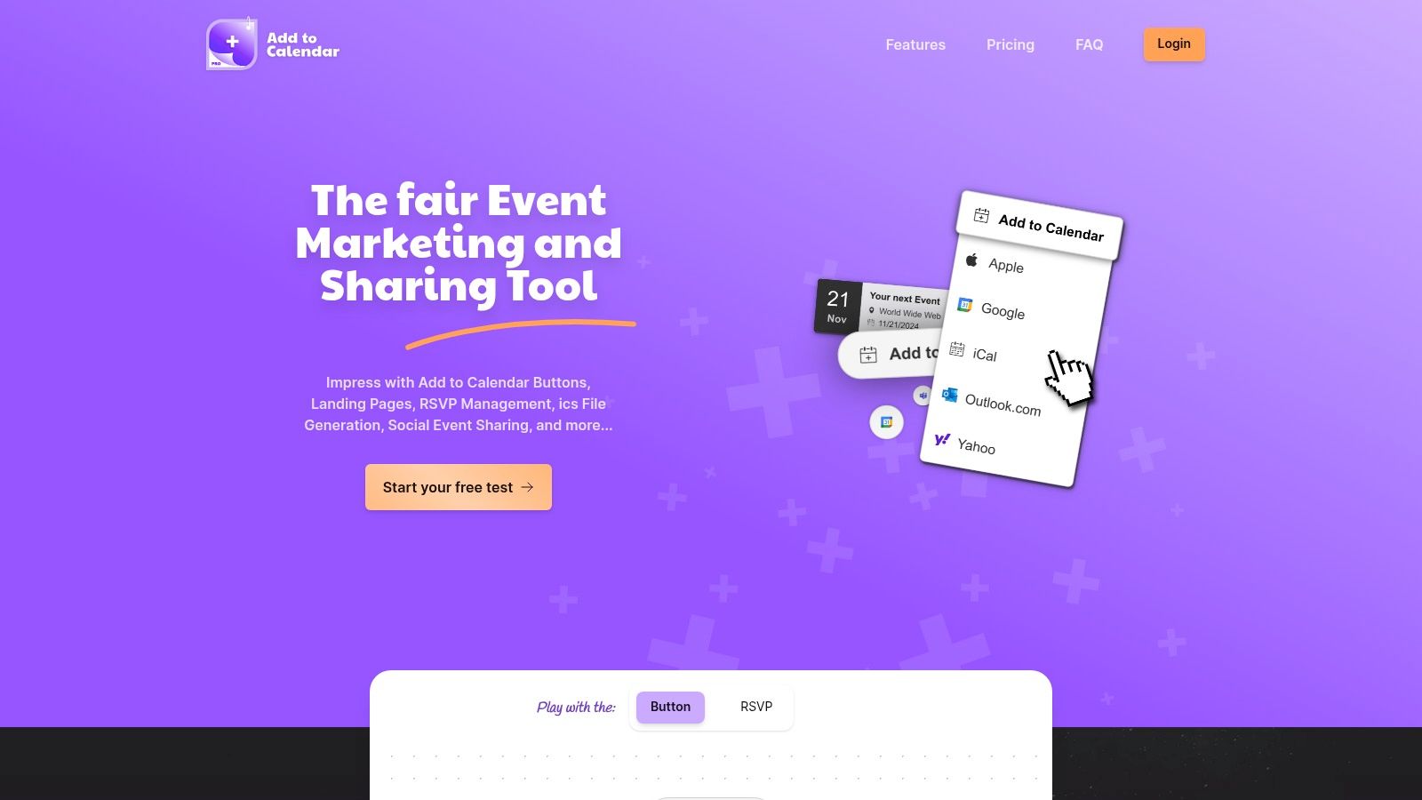 Add to Calendar PRO Platform Dashboard, das Event-Erstellung und Management-Features zeigt